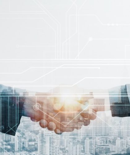 Business partners handshake global corporate with technology concept